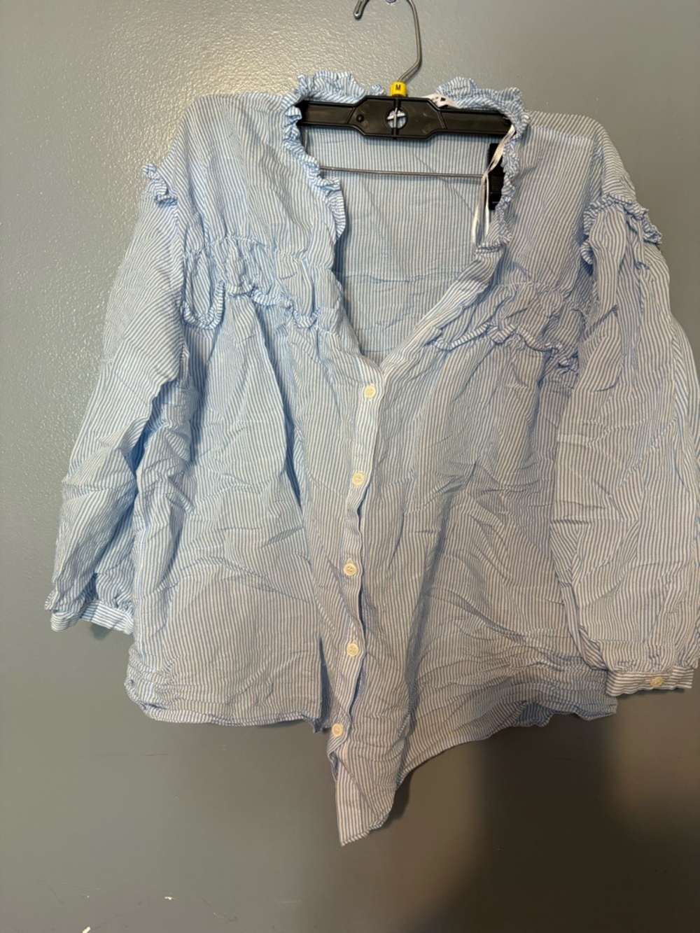 Zara Blue and White Pinstriped Ruffle-Trim Top